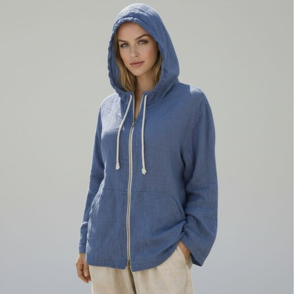 FLAX Lithuanian Linen Hoodie Jacket Wmn M Periwinkle Full Zip Lagenlook BOHO NWT - Picture 2 of 16